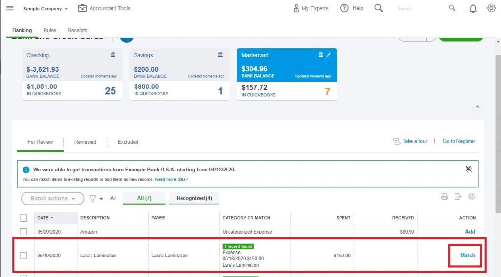 quickbooks download bank transactions match