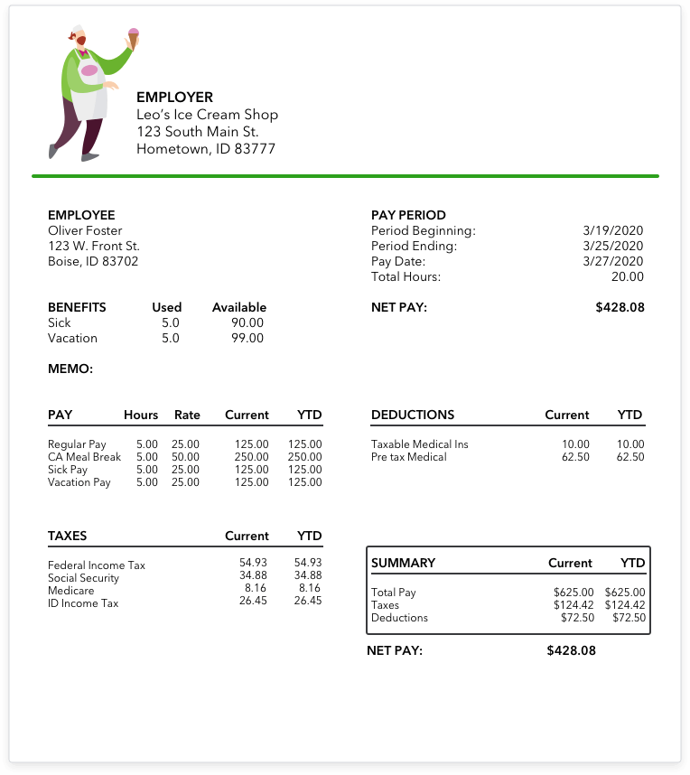 what is a paystub: Example of a simple Paystub