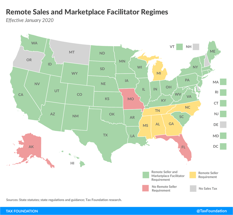 The map from the Tax Foundation shows laws of state sales tax for remote sellers. 