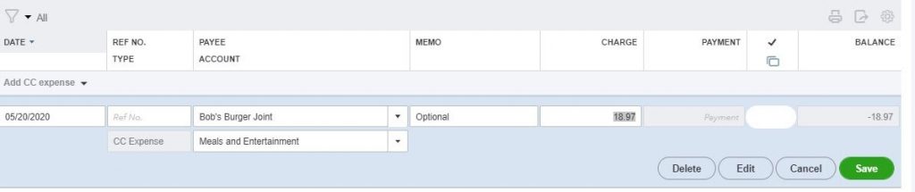 Entering Credit Card Charges in QuickBooks: click the Delete button.