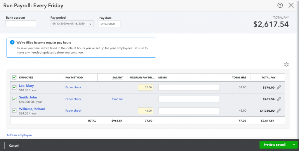 quickbooks payroll service for two employees