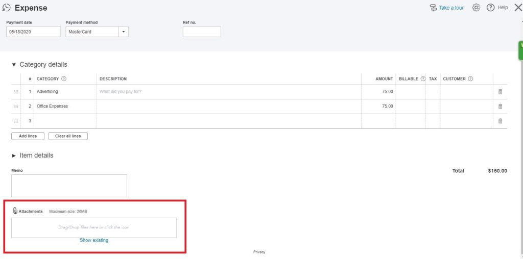 attach a receipt in Quickbooks
